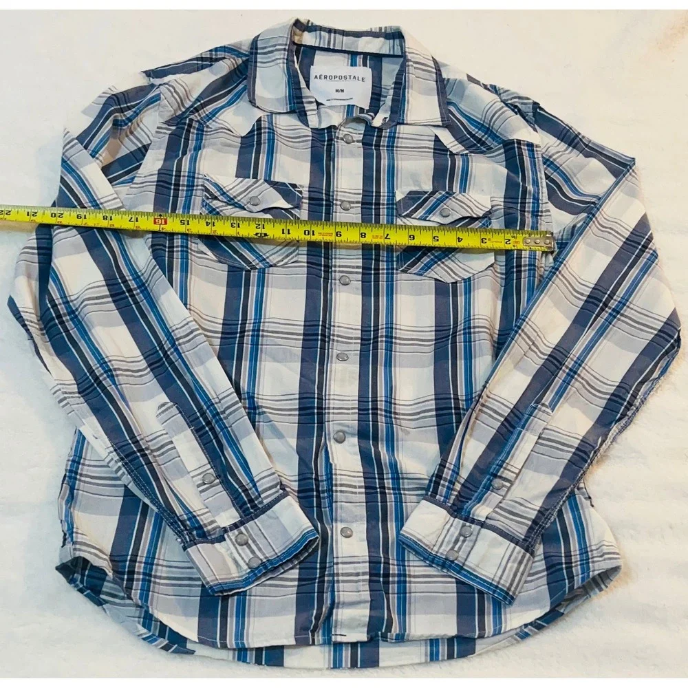 Aeropostale Mens Blue White Plaid Western Pearl Snap Button Down Shirt Medium